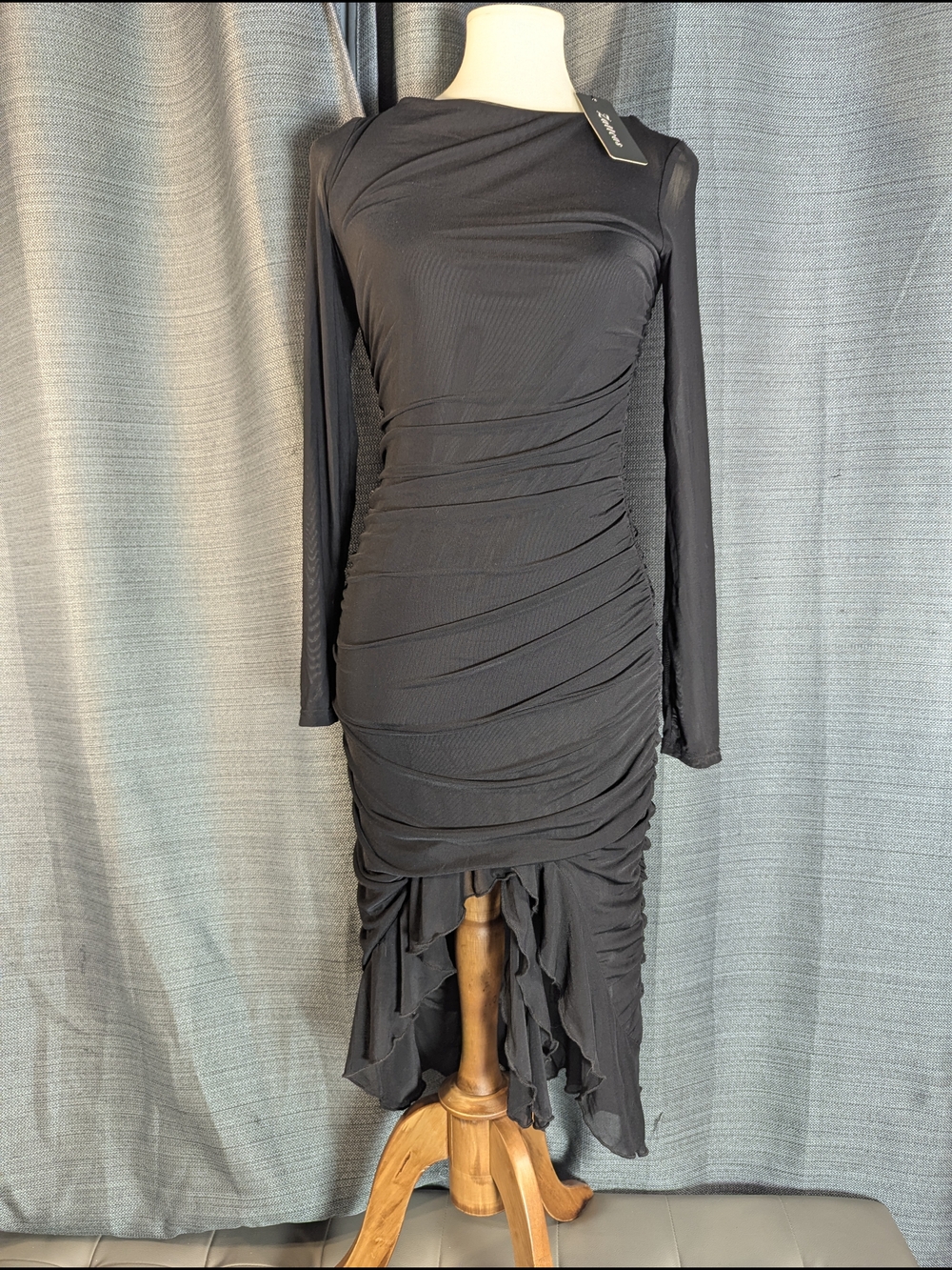 Elegant Black Ruched High-Low Maxi Dress by
